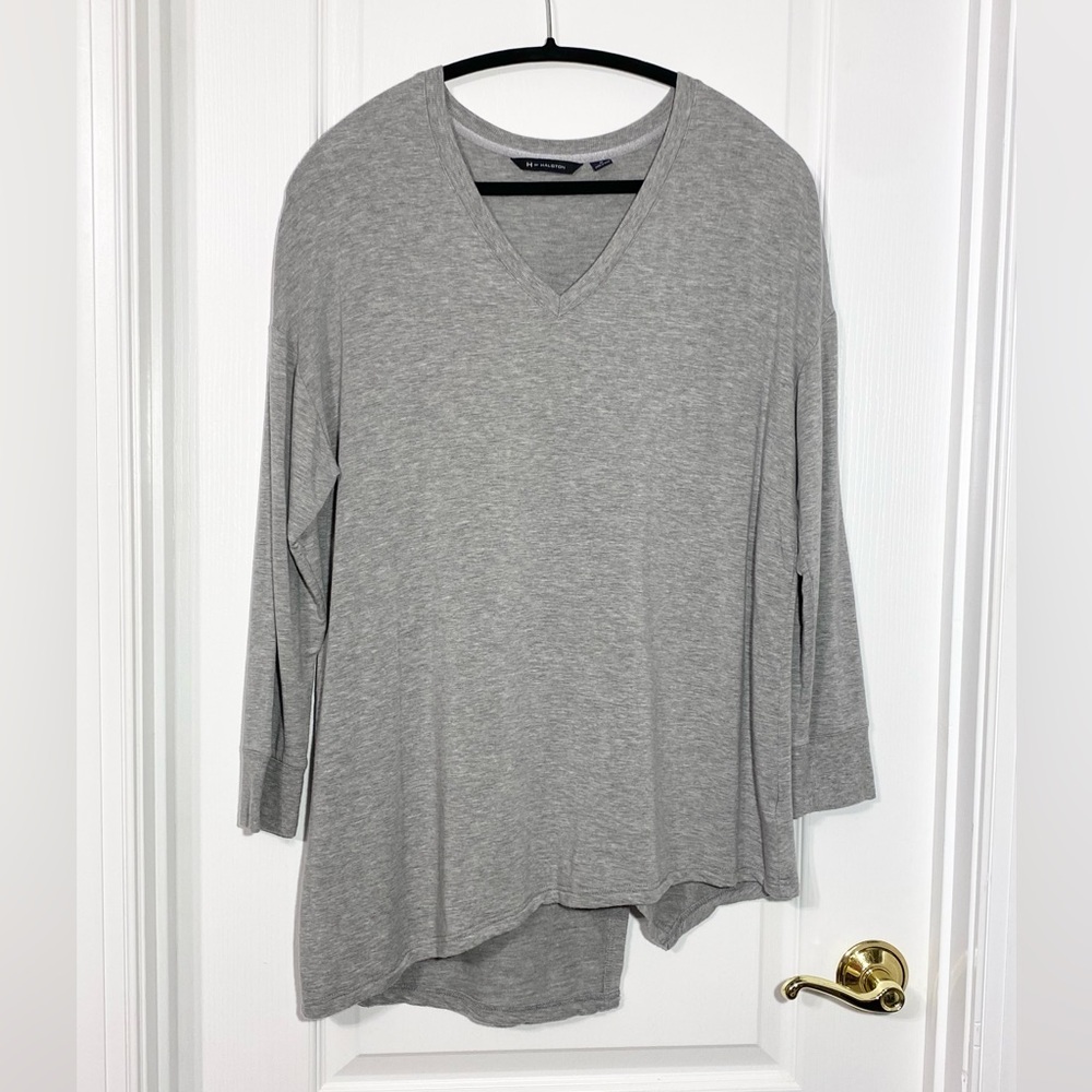 H by Halston Asymmetrical Split Back French Terry V Neck Top Gray Medium